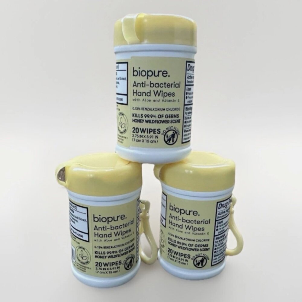 3 Biopure Antibacterial Travel Size Hand Wipes Keychain (Honey Wildflower Scent)